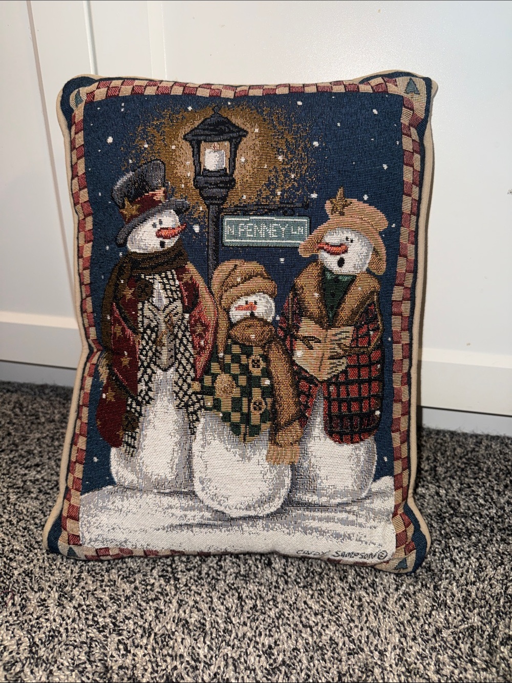 Vintage Cindy Sampson Snowman Family Tapestry Christmas Pillow Plaid 1990s